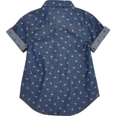 Mini boys blue palm tree print denim shirt